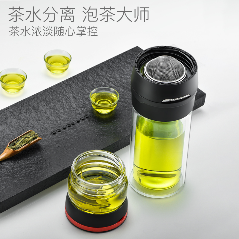 茶水分离泡茶杯双层玻璃杯男女便携隔热透明水杯子 绅士黑(不锈钢款)高清大图