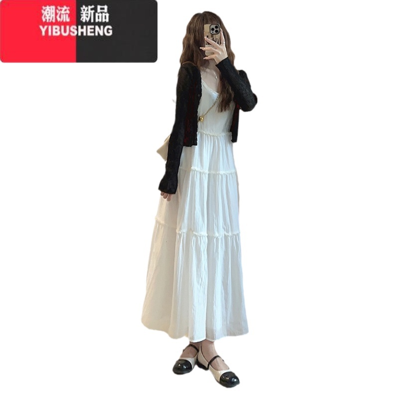 YIBUSHENG季白色吊带连衣裙子两件套装女2024新款梨形身材小个子显高长裙高清大图