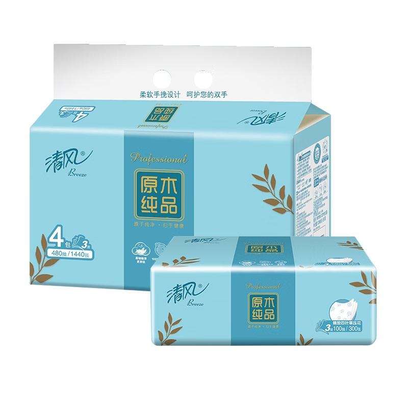 清风 BR40AQ原木纯品四叶草压花100抽纸24包-箱装
