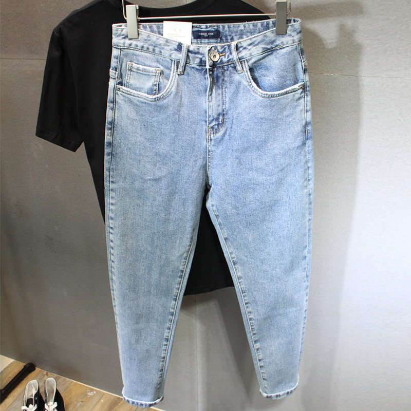 yuansu高阶复古水洗浅蓝色九分牛仔裤男修身小脚裤韩版潮流9分裤子