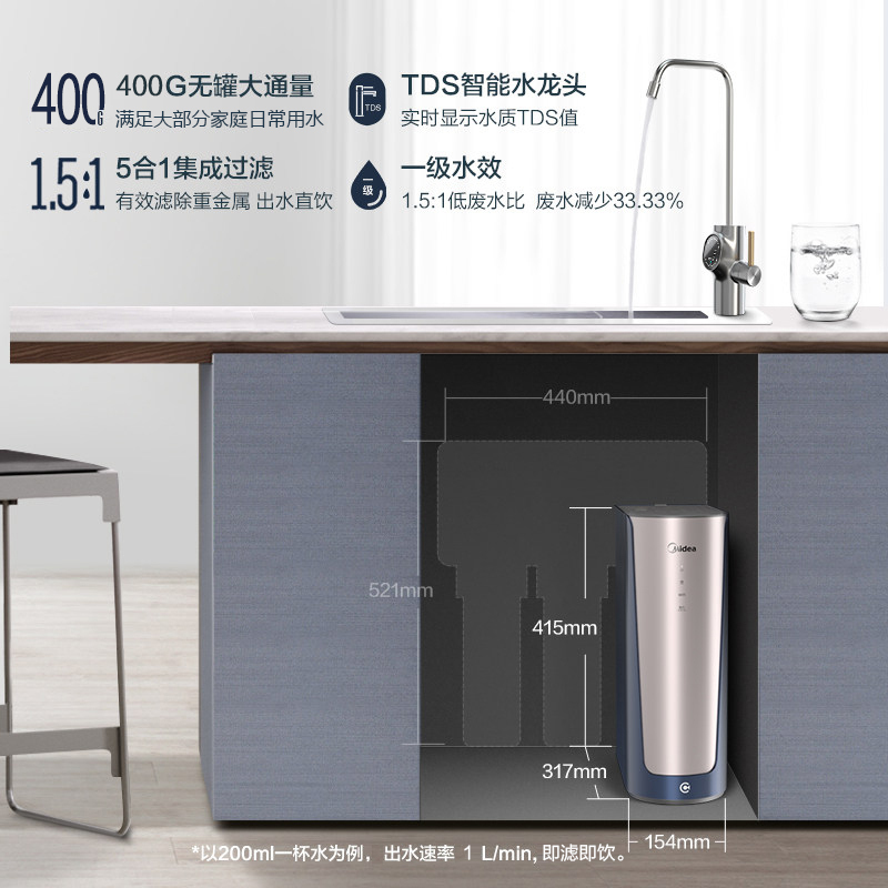 美的（Midea）厨下式家用直饮阿尔法净水器400G 智能数显水龙头 去病菌 净水机 纯水机 MRO1890-400G