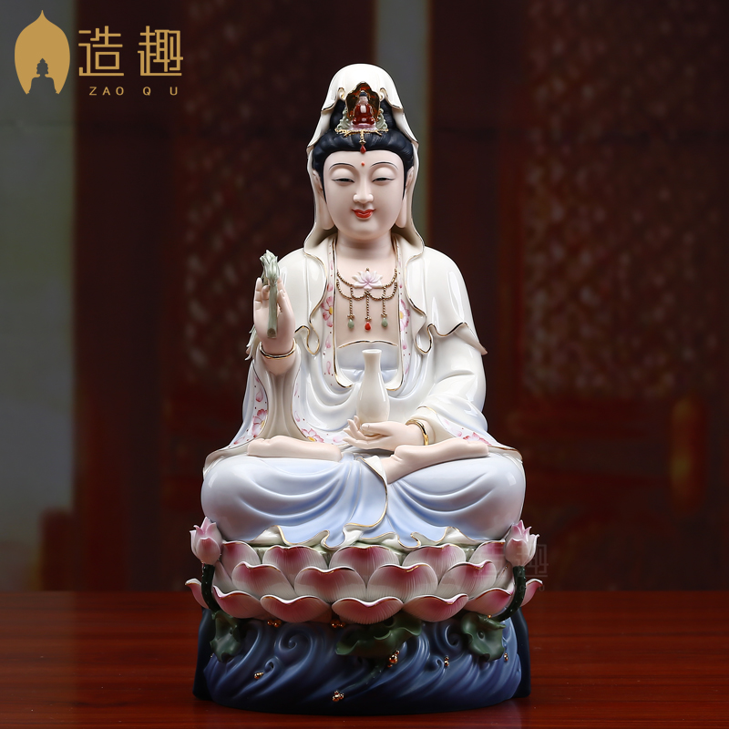 陶瓷观音菩萨佛像家用供奉客厅佛摆件坐莲观世音菩萨微笑观音 三维工匠 16寸三莲慈祥观音兰衣小花C05-313B高清大图