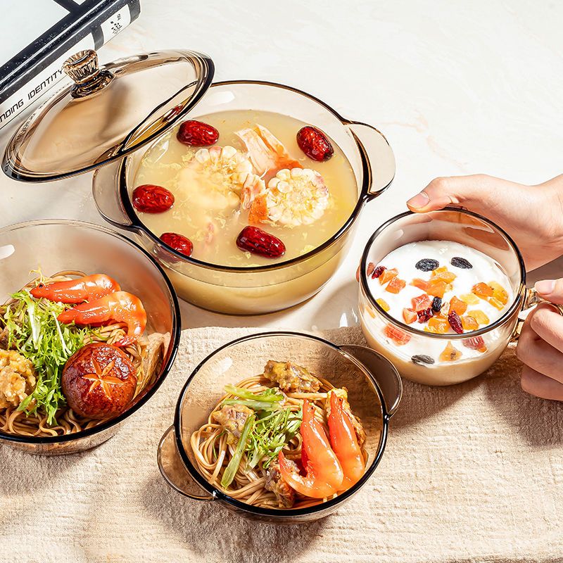 [柯瑞]北欧茶色玻璃碗饭碗甜品碗沙拉碗双耳汤碗面碗家用耐热 1只茶色双耳碗+1只茶色早餐杯