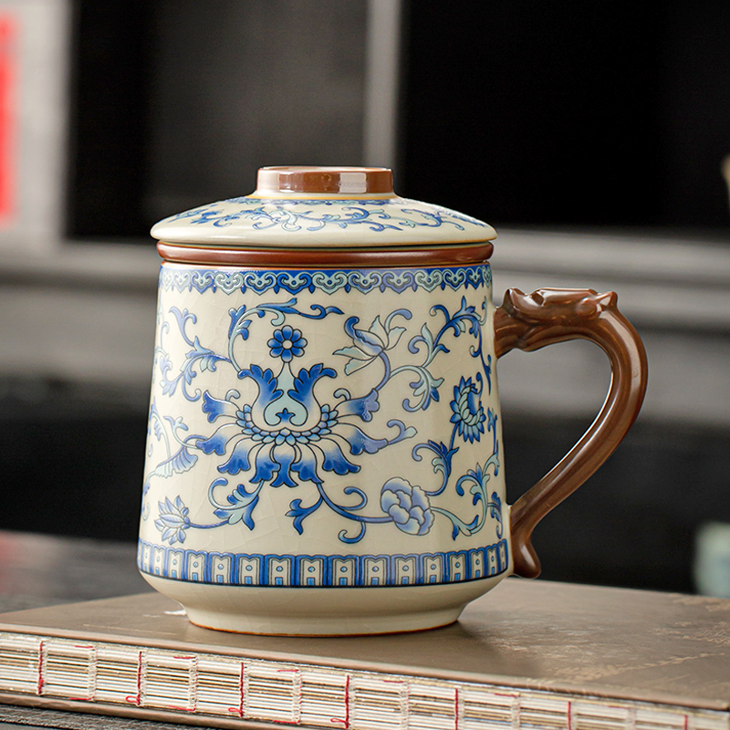 金镶玉仿宋汝窑茶杯 陶瓷带过滤茶水杯马克杯办公家用泡茶具 缠枝莲青花高清大图