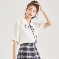 [2.5折价53元]夏季娃娃领白衬衫女唐狮新款学院风短袖衬衣甜美风少女衬衫