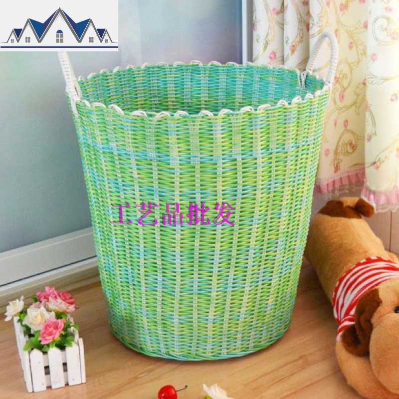 塑料仿藤编脏衣服收纳篮玩具筐洗衣篮筐编织篮杂物筐脏衣桶 三维工匠 绿彩色超大号高45CMX46CMX35CM