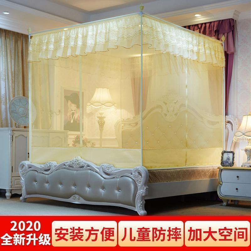 美帮汇蒙古包蚊帐家用1.8m2米床防摔儿童防蚊罩床1.5m围栏夏季1.2床纹账 米黄色【烤漆金属支架-绑带式包裹床垫-正常发货】8812 1.8m（6英尺）床