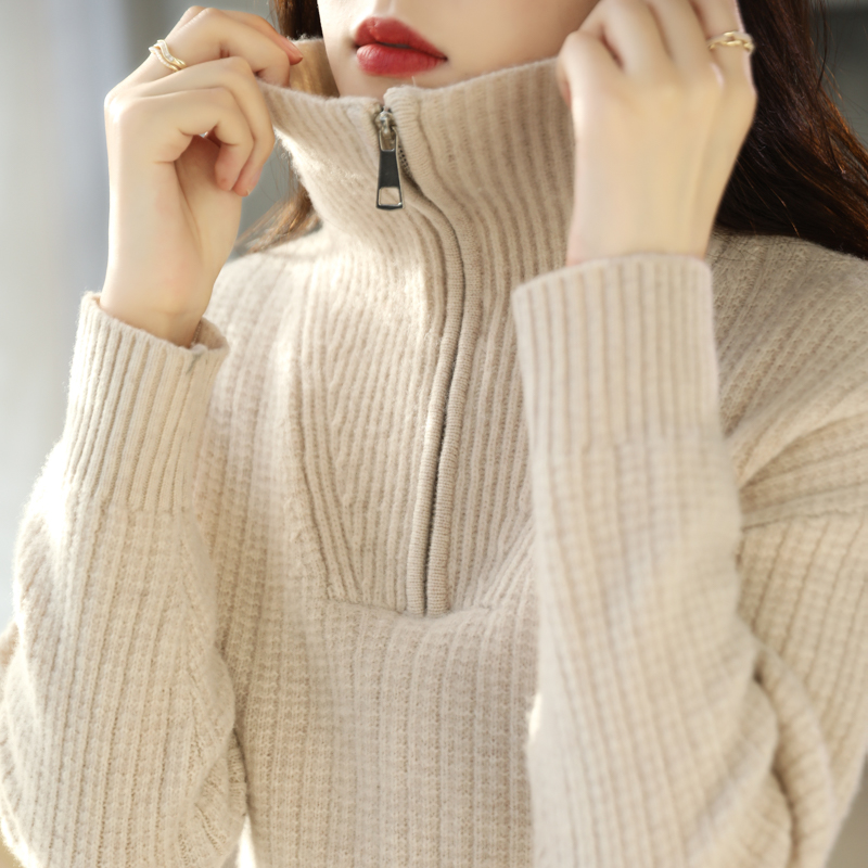 秋冬新款100纯羊毛衫女半高开拉链领毛衣套头宽松新款可翻领春秋宽松加厚外穿羊毛衫内搭翻领针织打底衫半拉链毛衣女上衣高清大图