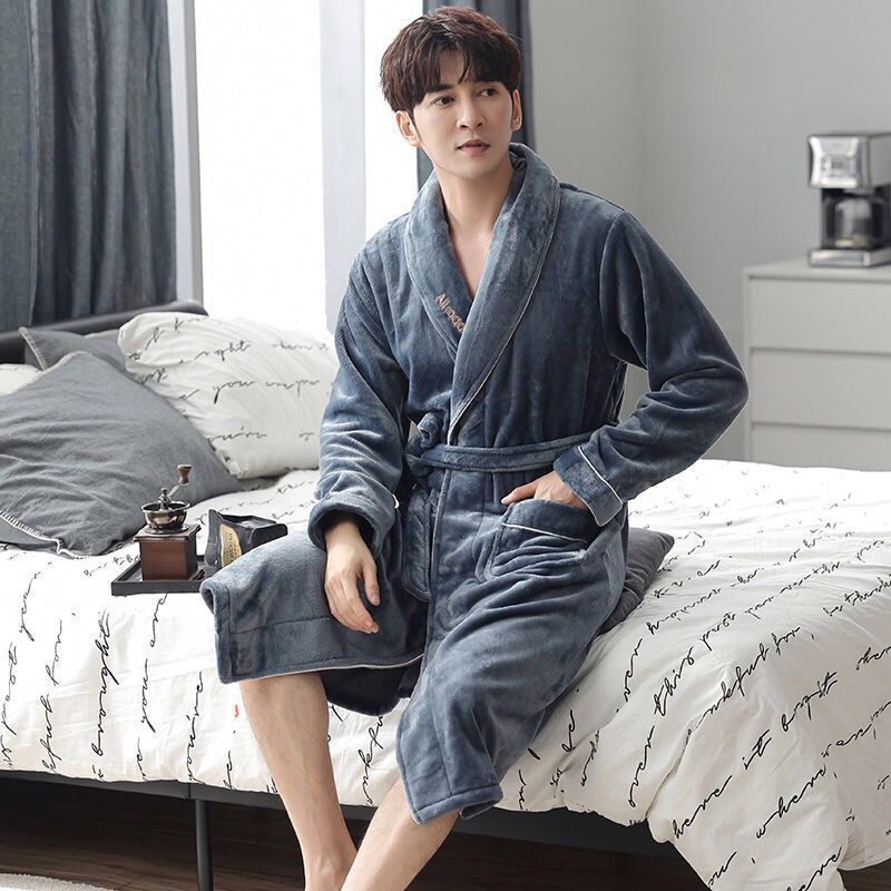 男士睡衣秋冬季法兰绒加厚长款珊瑚绒睡袍冬季加绒保暖浴衣男浴袍