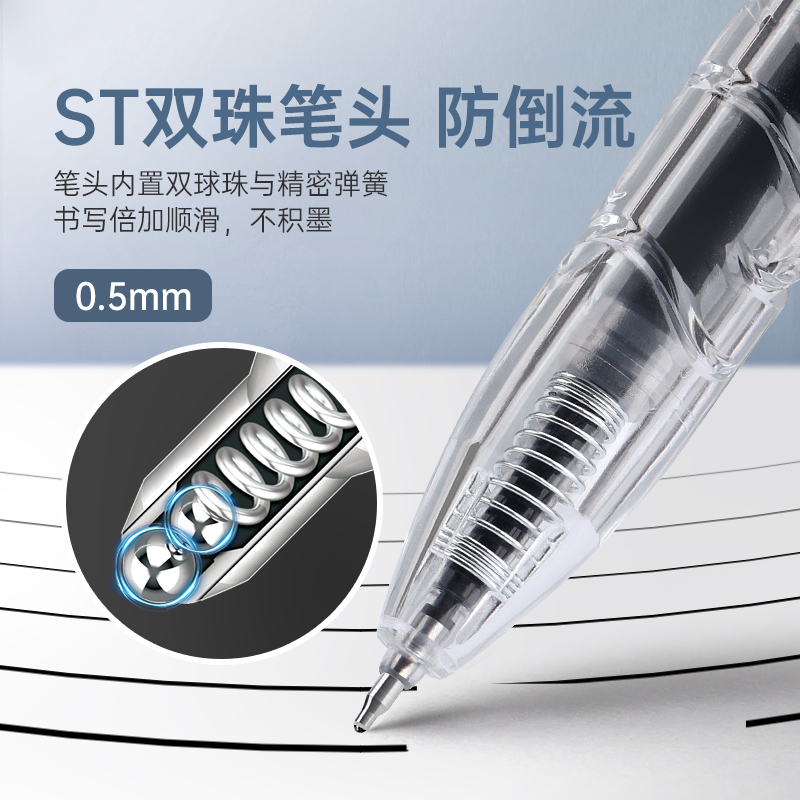 宝克（BAOKE）PC1962 静音按动中性笔ST笔头0.5mm防滑波浪纹高颜值签字笔 12支/盒高清大图