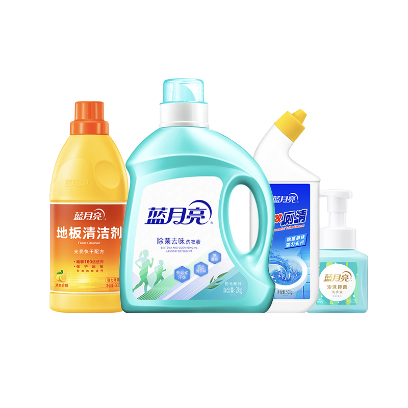 蓝月亮除菌净味四件套2kg除菌洗衣液-桉叶+600g地板水+500g厕清+255ml鲜果薄荷泡沫洗手液81001104