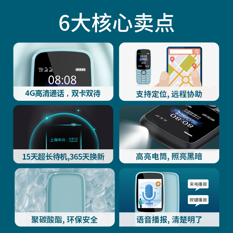 [4G全网通]守护宝K230 蓝色 老人手机电信经典迷你中小学生儿童大字老人机超长待机老年直板按键备用手机高清大图