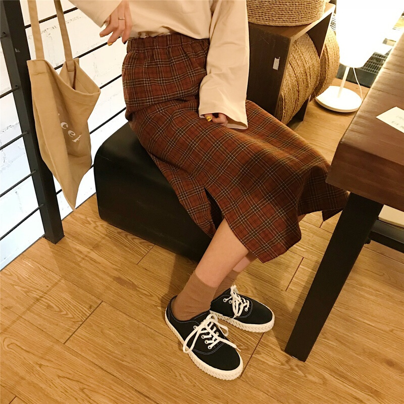 春装女装韩版学院风复古格子高腰半身裙开叉长裙显瘦中长款一步裙