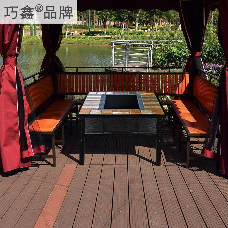 森美人四角户外凉亭帐篷花园庭院铁艺防腐木别墅亭子组装移动遮阳棚天台 三面坐板+烧烤台+纱帘+遮光帘凉亭遮盖3×3m