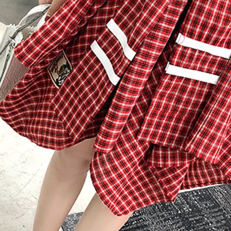 衬衫格子半身裙女夏季不规则防走光短裙两件套韩版学生高腰套装裙蓝色裙子+棉T恤