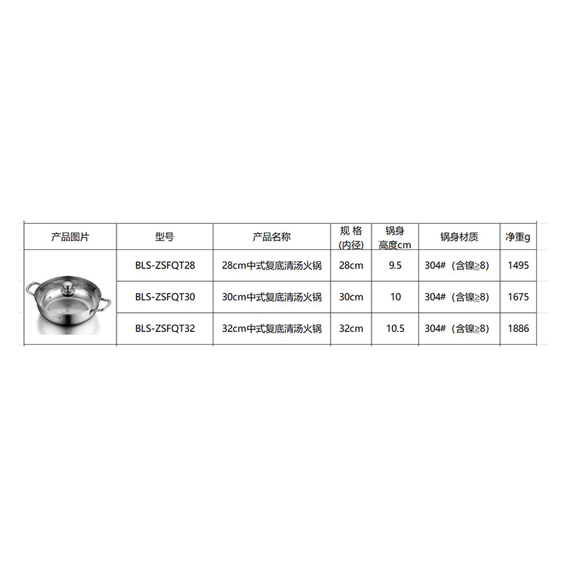 今创(jinchuang) 汤锅清汤火锅锅具304不锈钢煮锅炖锅电磁炉明火通用28cm带盖中式复底双耳清汤锅