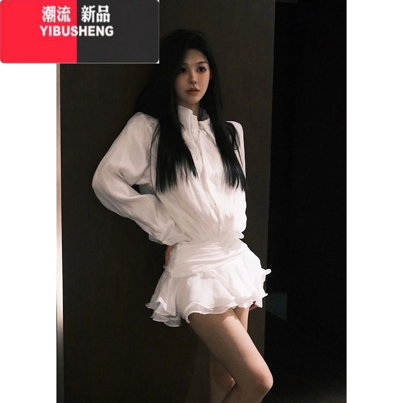 YIBUSHENG白色衬衫连衣裙女新款性感浪漫V领气质修身显瘦荷叶边短裙裙 XL 白色