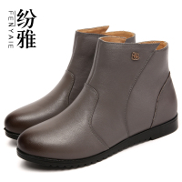 纷雅（FENYAIE）中年圆头女靴子真皮平底中老年女鞋软底皮鞋春秋季短靴平跟妈妈鞋单鞋