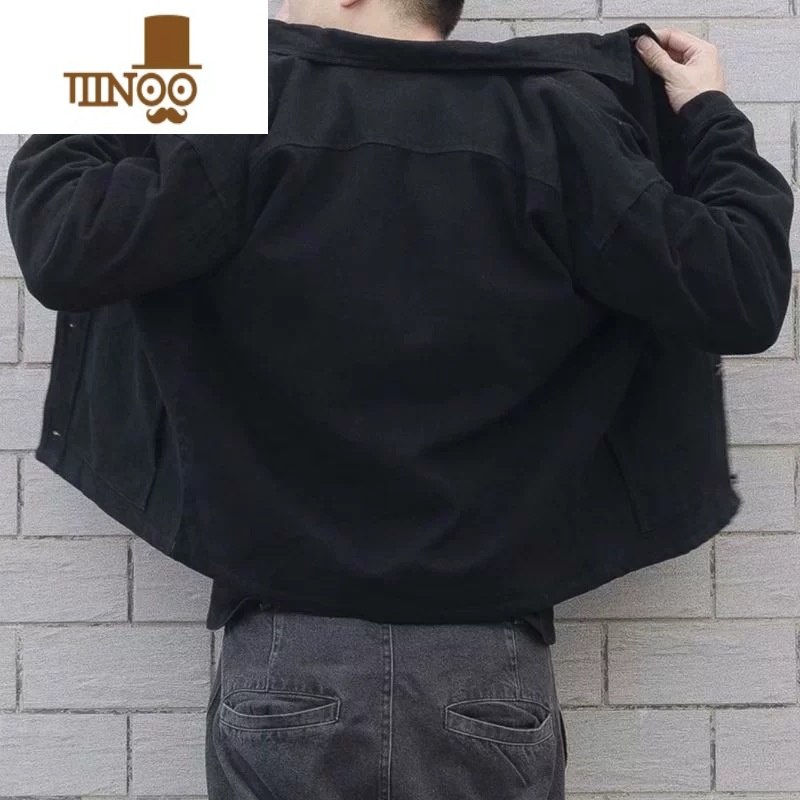 YANXU日系复古潮牌新款牛仔外套男黑色潮流帅气宽松工装夹克男高清大图