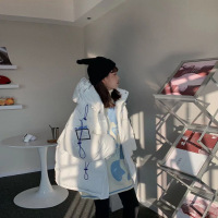 佐露絲白鸭绒工装连帽短款羽绒服女2021冬新款韩版小个子蓝色加厚面包服外套