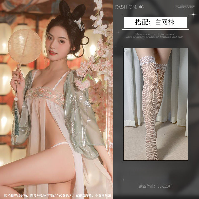 新款古装大码汉服套装睡衣女性感古代肚兜制服雪纺纱睡裙古风纯欲 玉环套装+白网袜 均码