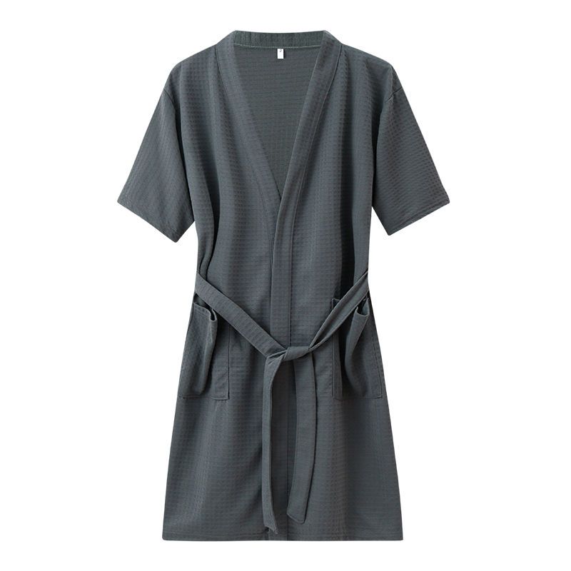 春秋冬情侣睡袍女长袖华夫格纯色酒店浴衣袍男中长款大码 221#浅灰色短袖男 2XL