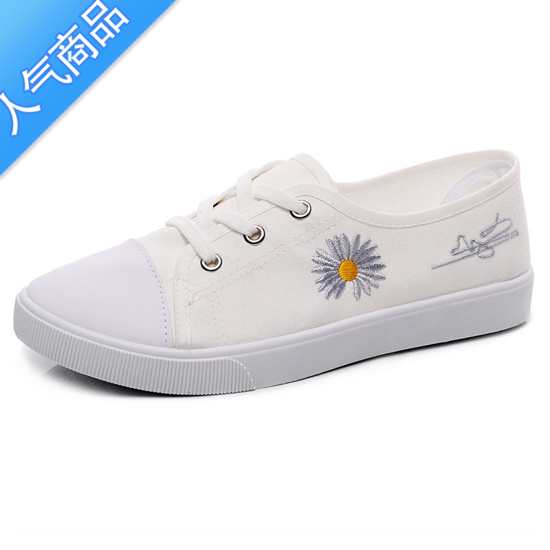 SUNTEK一脚蹬帆布鞋子女2023春季新款小雏菊老北京板鞋学生护士小白鞋女高清大图