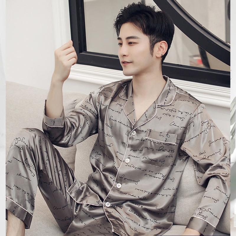 冰丝睡衣男士春秋长袖套装高档丝绸宽松薄款青中老年开衫家居服539