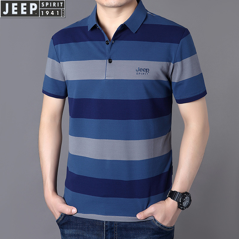 JEEP SPIRIT男短袖T恤夏季薄款条纹翻领polo衫大码休闲半袖8021