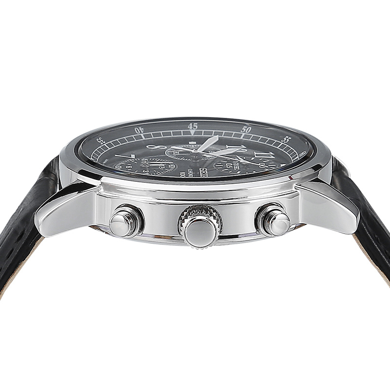 原装精工chronograph日历夜明石英表男皮带三眼盘黑色手表sndc33j1