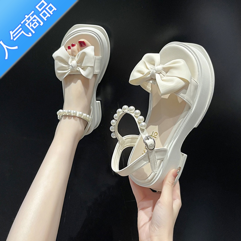 SUNTEK时尚厚底珍珠蝴蝶结露趾凉鞋女2023夏季新款仙女风百搭松百2蝶新高清大图