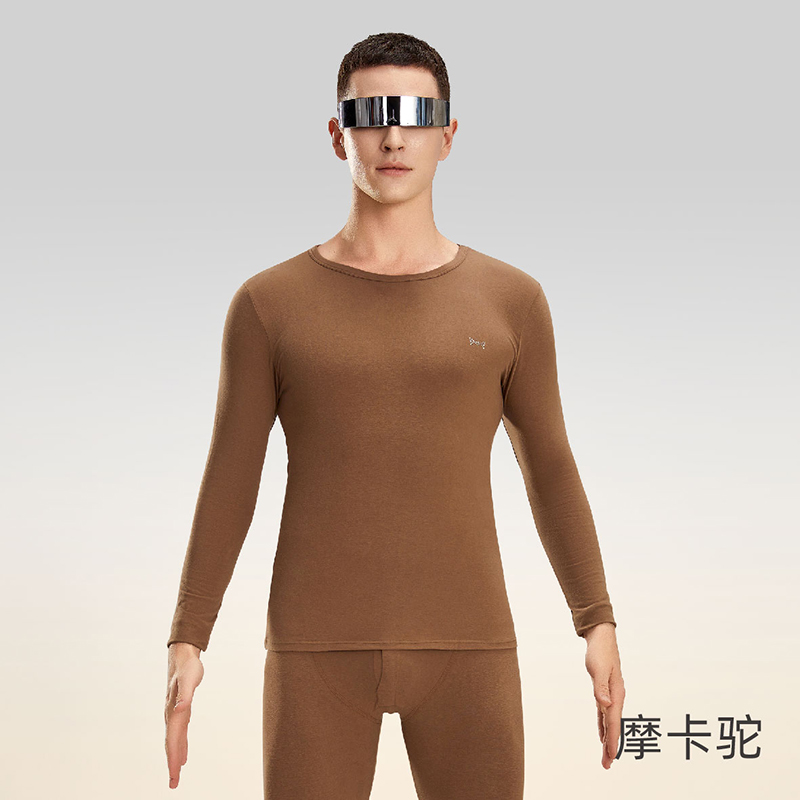 猫人长绒棉保暖内衣女士青少年秋衣秋裤男士套装纯棉打底衫女秋冬 L【推荐100-120斤】 摩卡驼-男【天然新疆棉】