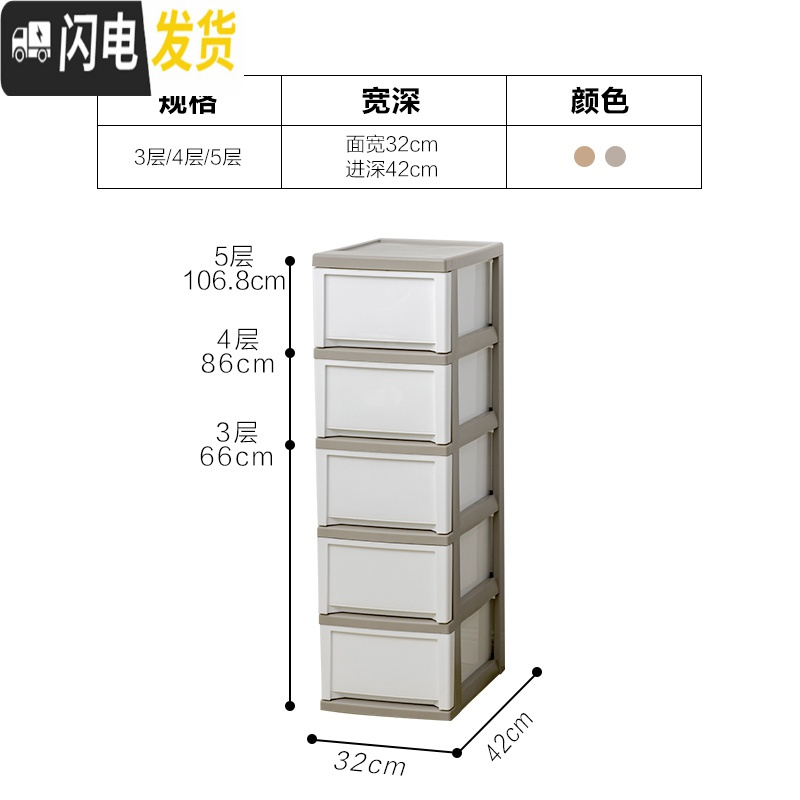 三维工匠塑料抽屉式收纳柜子儿童衣柜厨房夹缝窄柜整理储物柜爱丽丝 浅灰白（无滑轮）4层