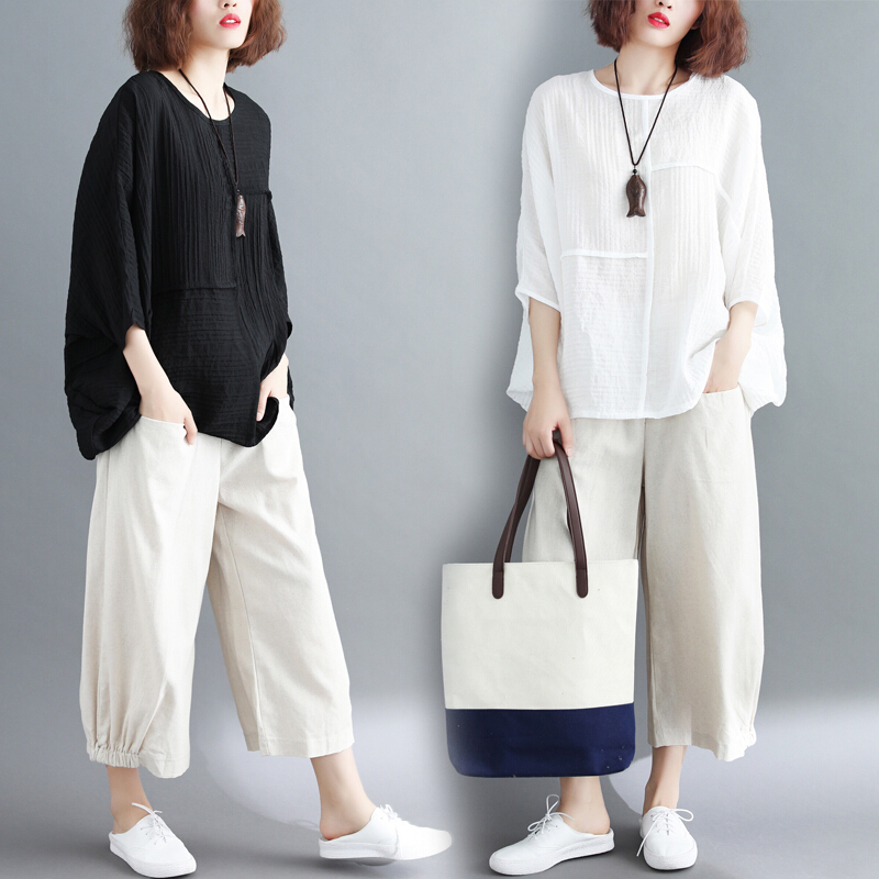阔腿裤棉麻套装女夏胖mm2018新款宽松休闲民族风亚麻两件套妈妈装