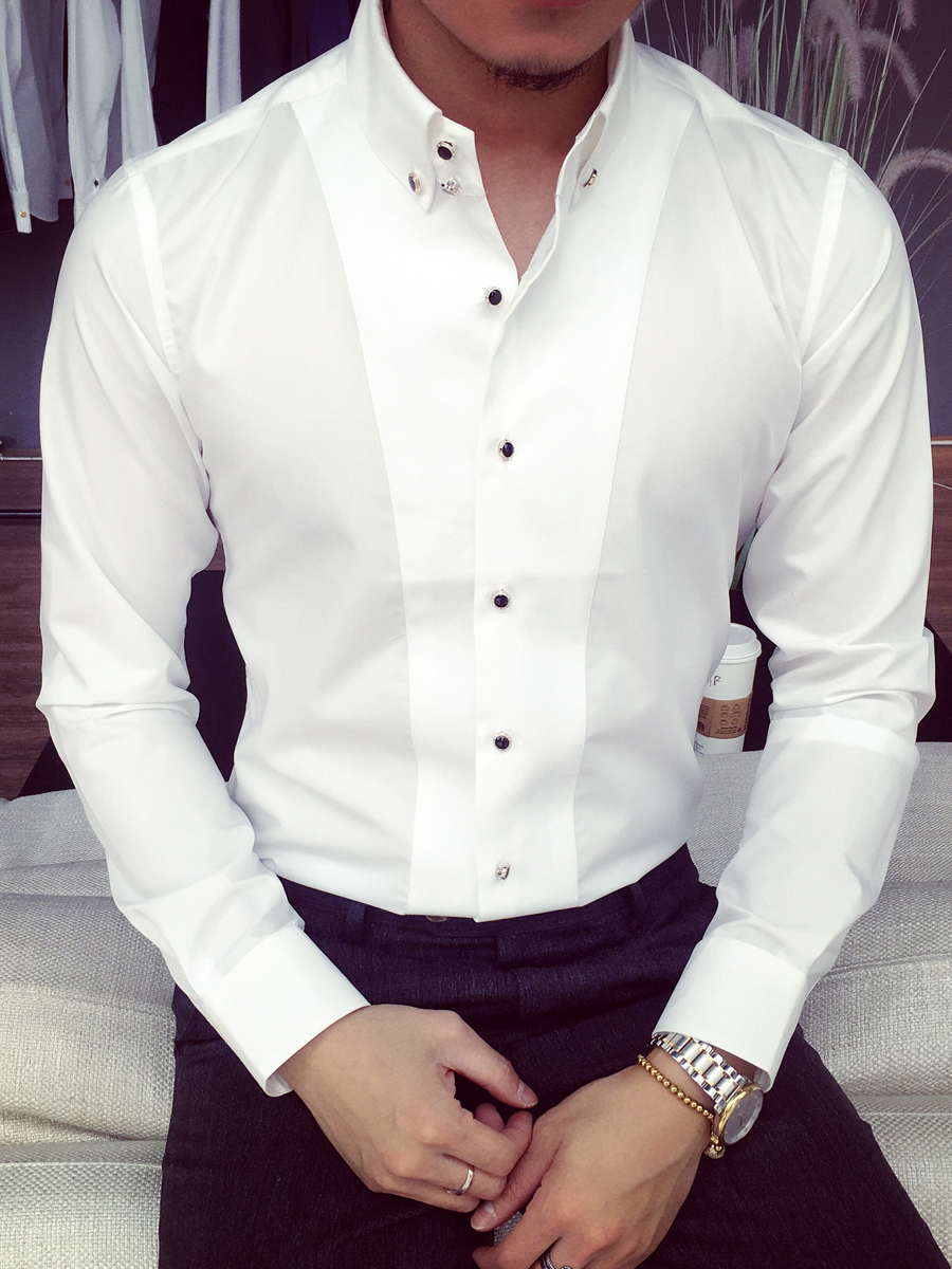 hlcoman秋季法式扣白色长袖袖口衬衫婚礼商务正装免烫衬衣修身上衣