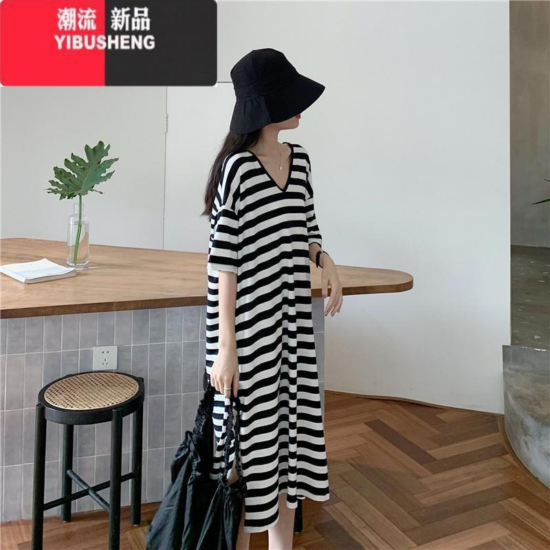 YIBUSHENG慵懒风特大码300斤季韩版短袖胖MM遮肉条纹露背长款T恤连衣裙女