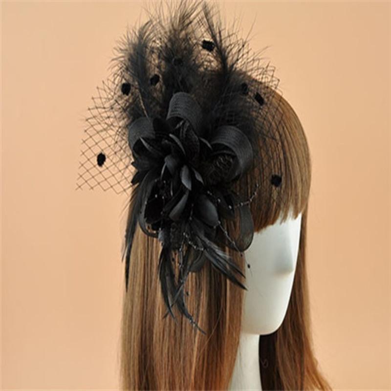 欧美新娘头饰复古面纱饰品网纱羽毛花朵小礼帽发夹发饰贝雷帽发箍黑色