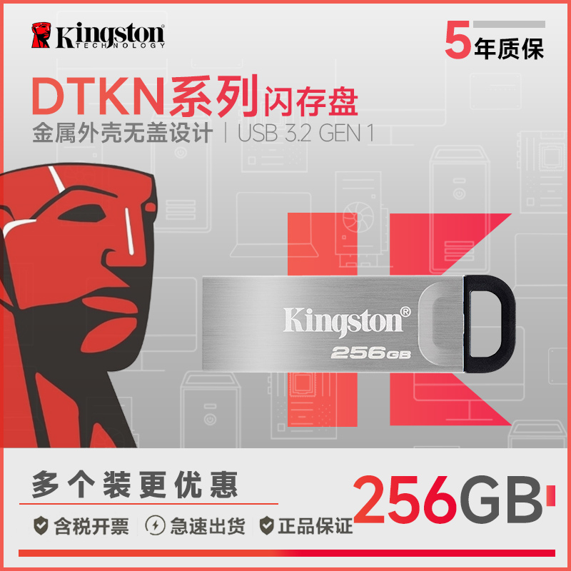 金士顿优盘256GB USB 3.2 Gen 1 U盘 DTKN 金属外壳 读速200MB/s