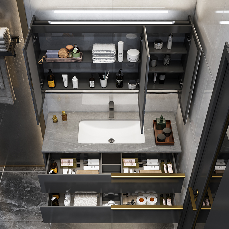 联勒uniler岩板浴室柜组合轻奢实木洗漱台洗手盆卫浴柜面盆镜柜卫生间