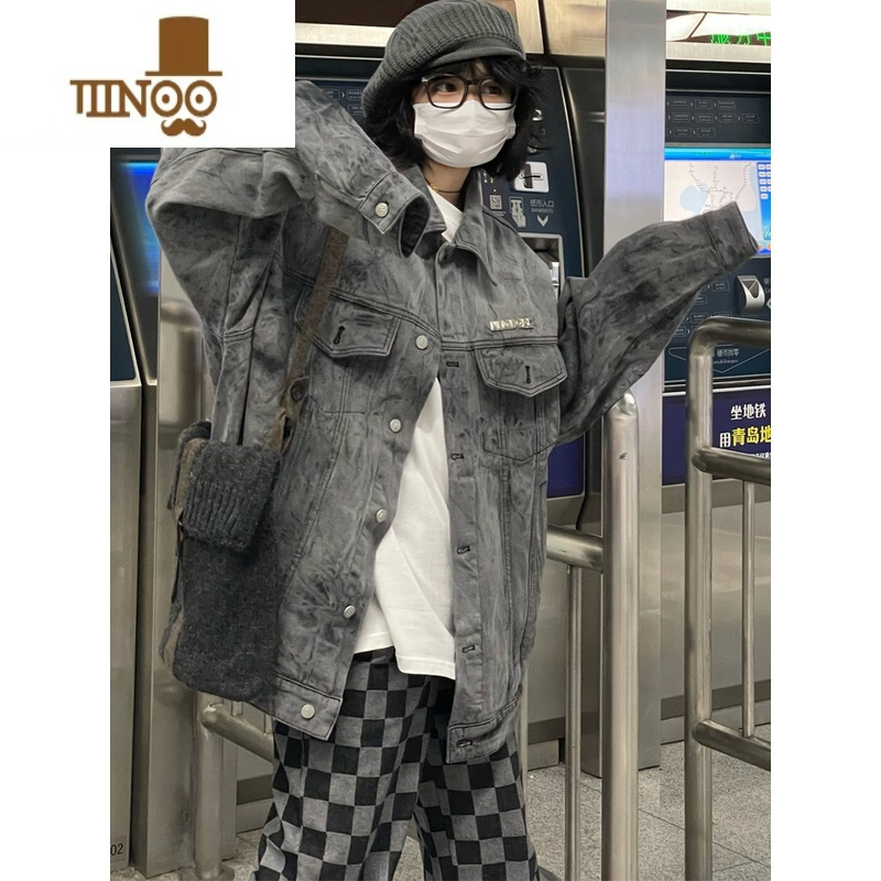 YANXUins国潮水洗深灰翻领牛仔外套男女 秋季高街休闲百搭宽松情侣夹克