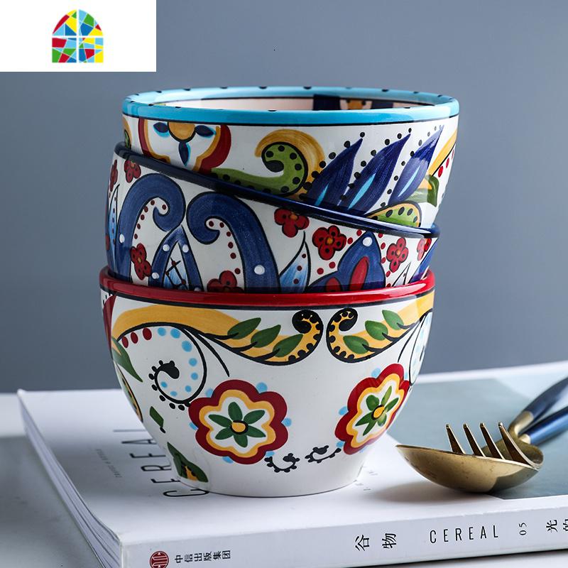 波西米亚手绘陶瓷餐具碗饭碗网红异形碗水果沙拉碗家用早餐麦片碗 FENGHOU 红波卡大号-6英寸高清大图