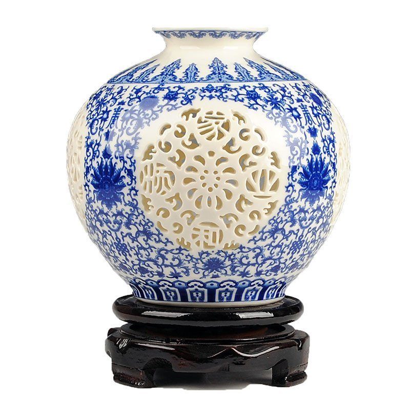 景德镇陶瓷器 高档青花釉中彩镂空石榴花瓶 现代家居装饰品摆设