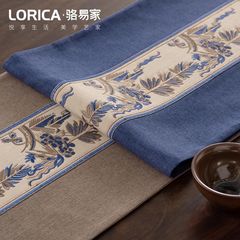 新中式桌旗禅意古典茶几餐桌布长条装饰布现代简约电视柜盖巾定制 南乡-蓝色 33*280cm(适用桌长2.3米-2.4米)高清大图