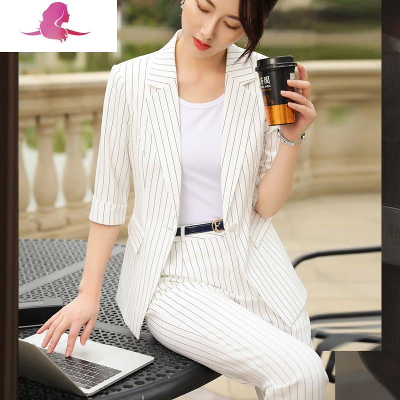 艳如飞西装套装女夏天薄韩版气质英伦风职业正装白色条纹中袖小西服