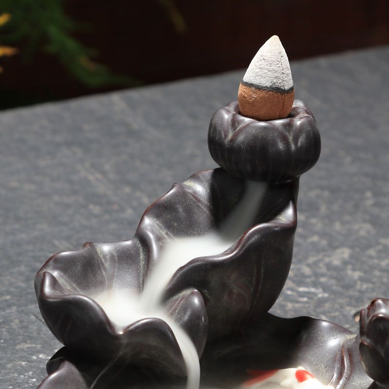 香薰炉熏香檀香炉陶瓷创意摆件线香插沉香道香座 莲韵菏塘 60颗倒流香