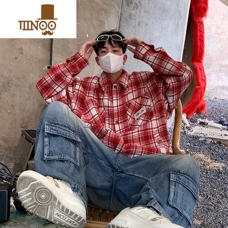 YANXU港风新款日系复古宽松休闲男女格子衬衫高街头情侣水洗上衣外套高清大图