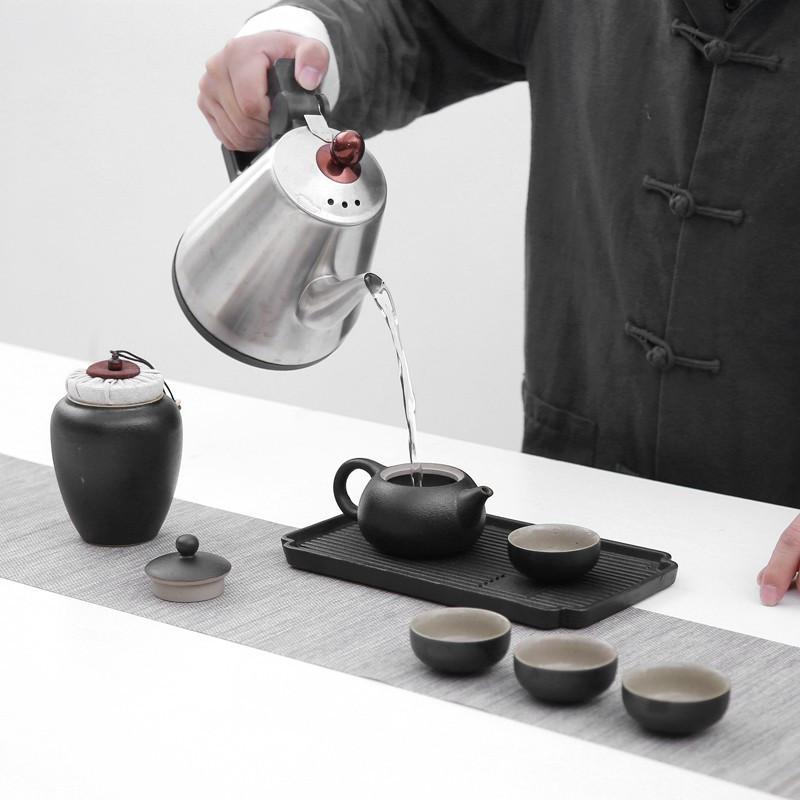 黑陶功夫茶具套装一壶四杯旅行家用简约便携粗陶茶壶茶杯日式茶盘