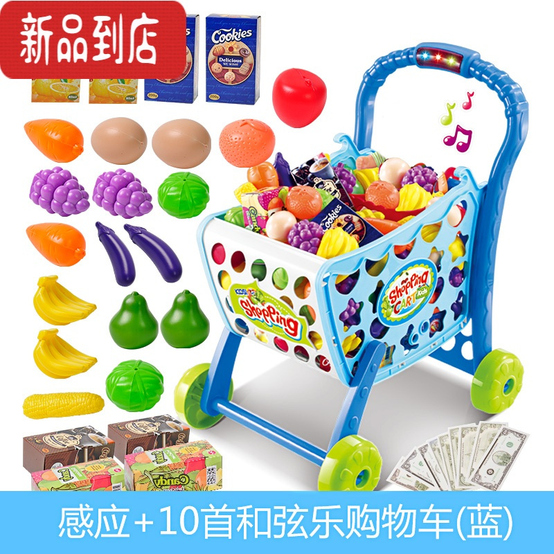 真智力可切水果儿童玩具蔬菜套装女孩过家家海鲜厨房仿真蛋糕男孩 [音乐款]蓝色购物推车仿真食物
