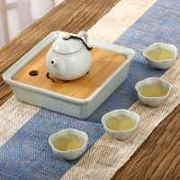 常生源 功夫茶具 天青色仿宋汝窑开片功夫茶具陶瓷茶杯茶碗茶壶整套套装 7头文旦壶
