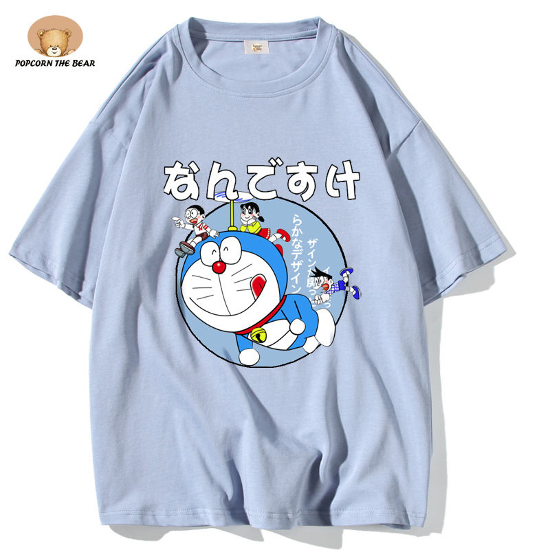 popcorn the bear2022网红**哆啦a梦软奶蓝t恤纯棉港风短袖男夏
